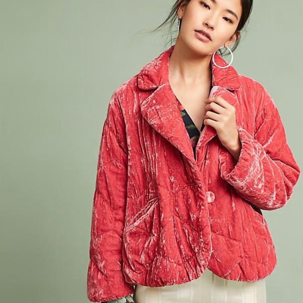 Anthropologie Pink / Coral Velvet Quilted Jacket